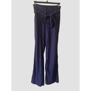 Bebe Y2K High Waist Belt Navy Linen Blend Straight Leg Pants Trousers Belt Sz 2